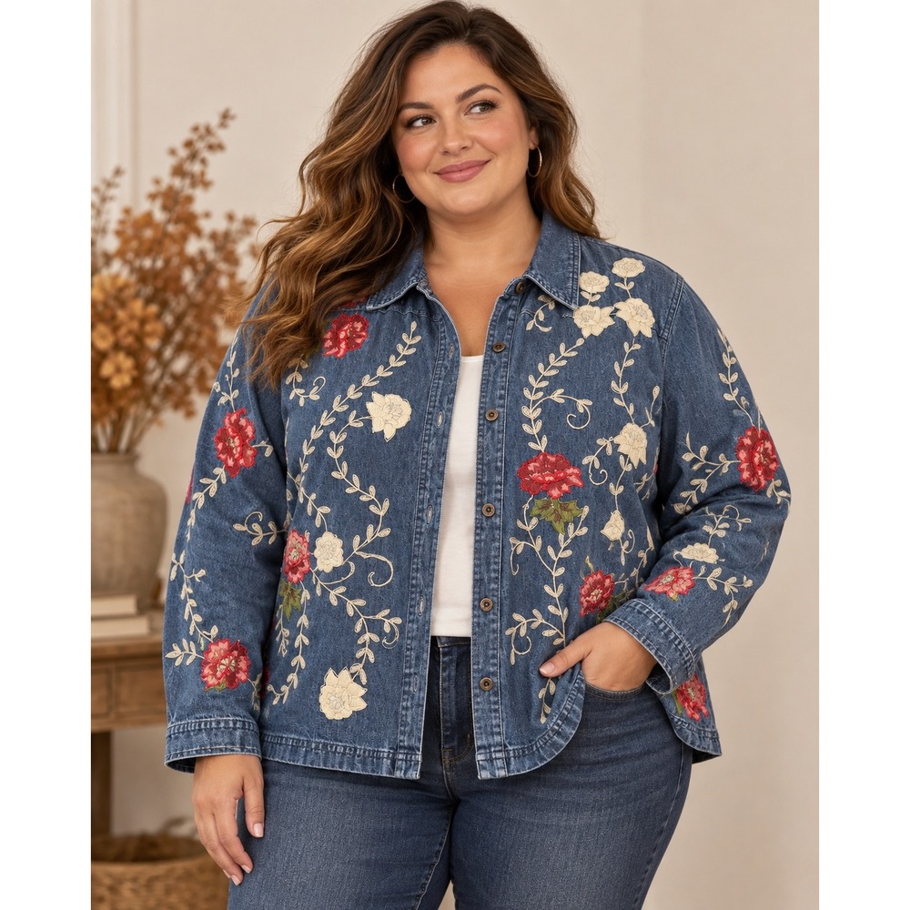 Denim & Co Shirt Jacket Blue Embroidered Floral Cotton Button Front 1X